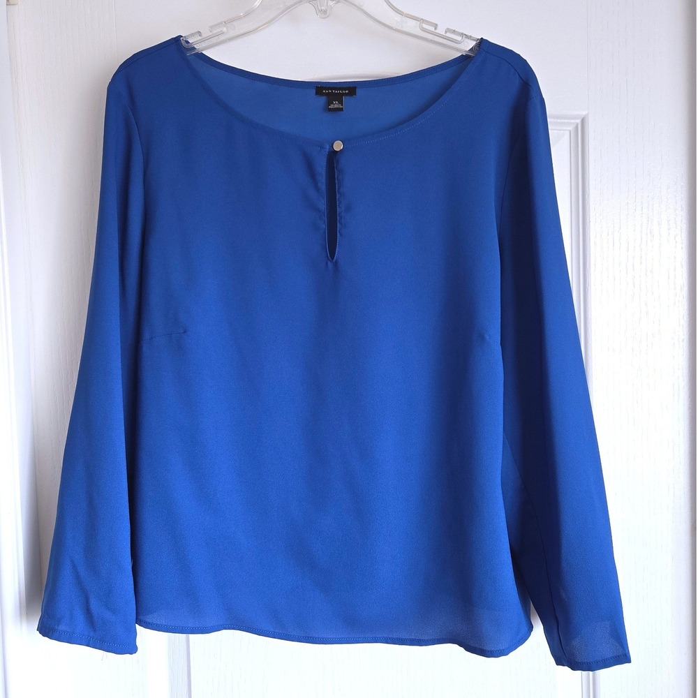 Ann Taylor Cobalt Blue Keyhole Long Sleeve Blouse Top‎ Sz XL Professional Office